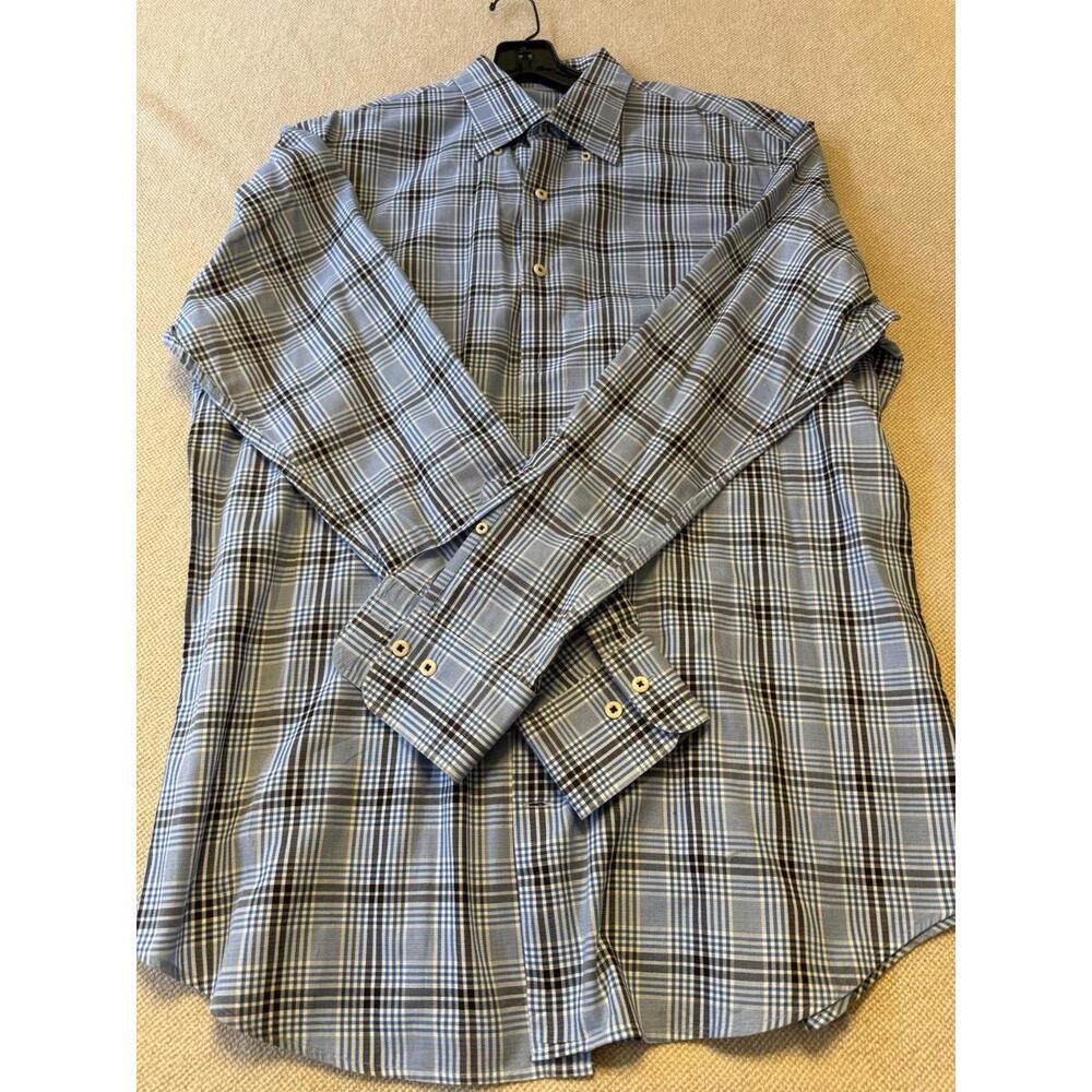 Peter Millar Large Blue Plaid Cotton Button-Up Shirt